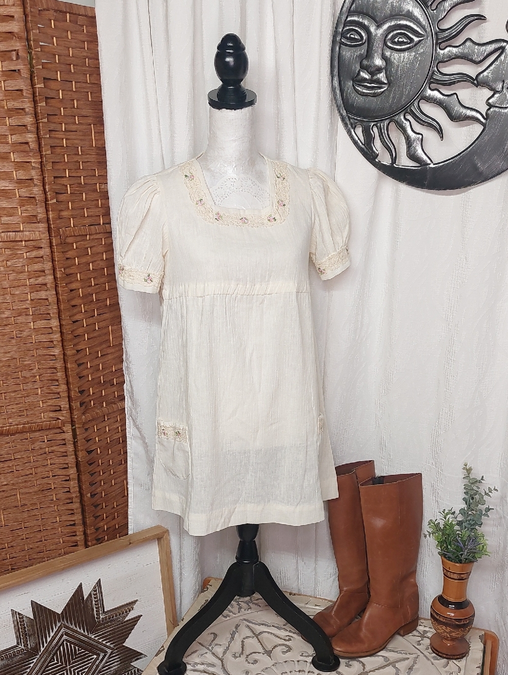 Vintage 1960s - 1970s  Embroidered Cotton Prairie Mini Dress